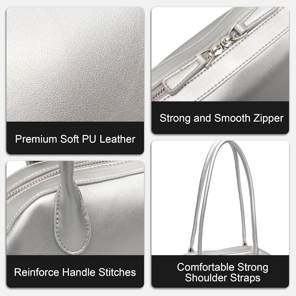 Women’s Silver PU Leather Y2K Shoulder Bag Trendy Fashion Work Travel Bag - Picture 5 of 7
